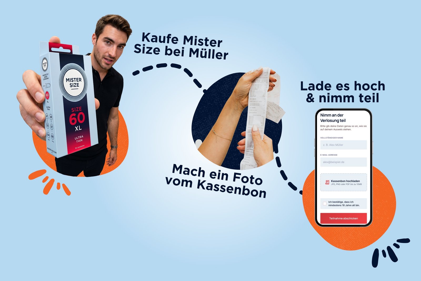 So funktioniert unser Gewinnspiel Schritt für Schritt: 1. Mister Size Produkt in der Müller Filiale kaufen, 2. Kassenbon fotografieren, 3. auf unsere Giveaway Seite hochladen 