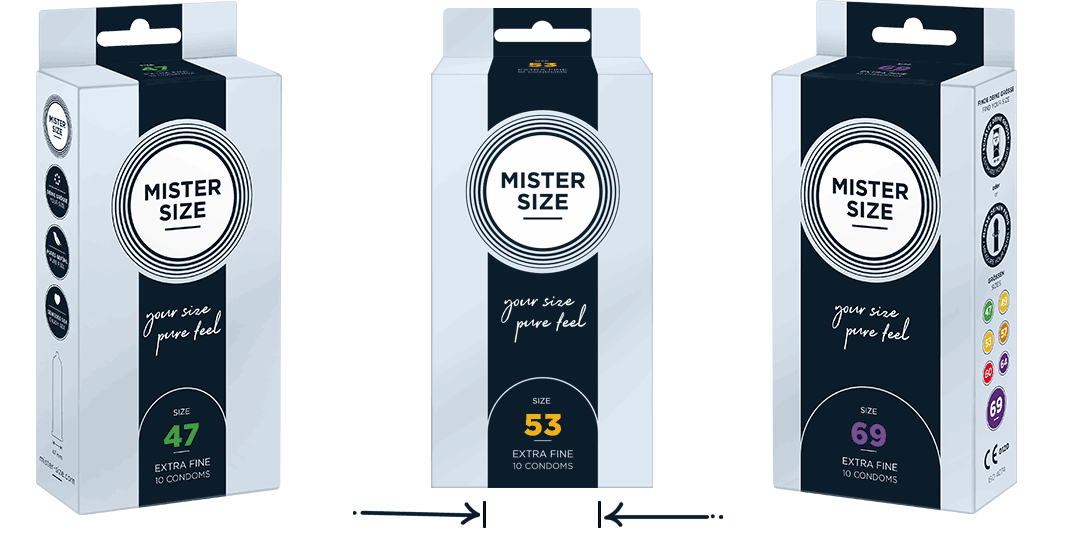Miessung vun der Kondomgréisst mat der Mister Size Verpackung